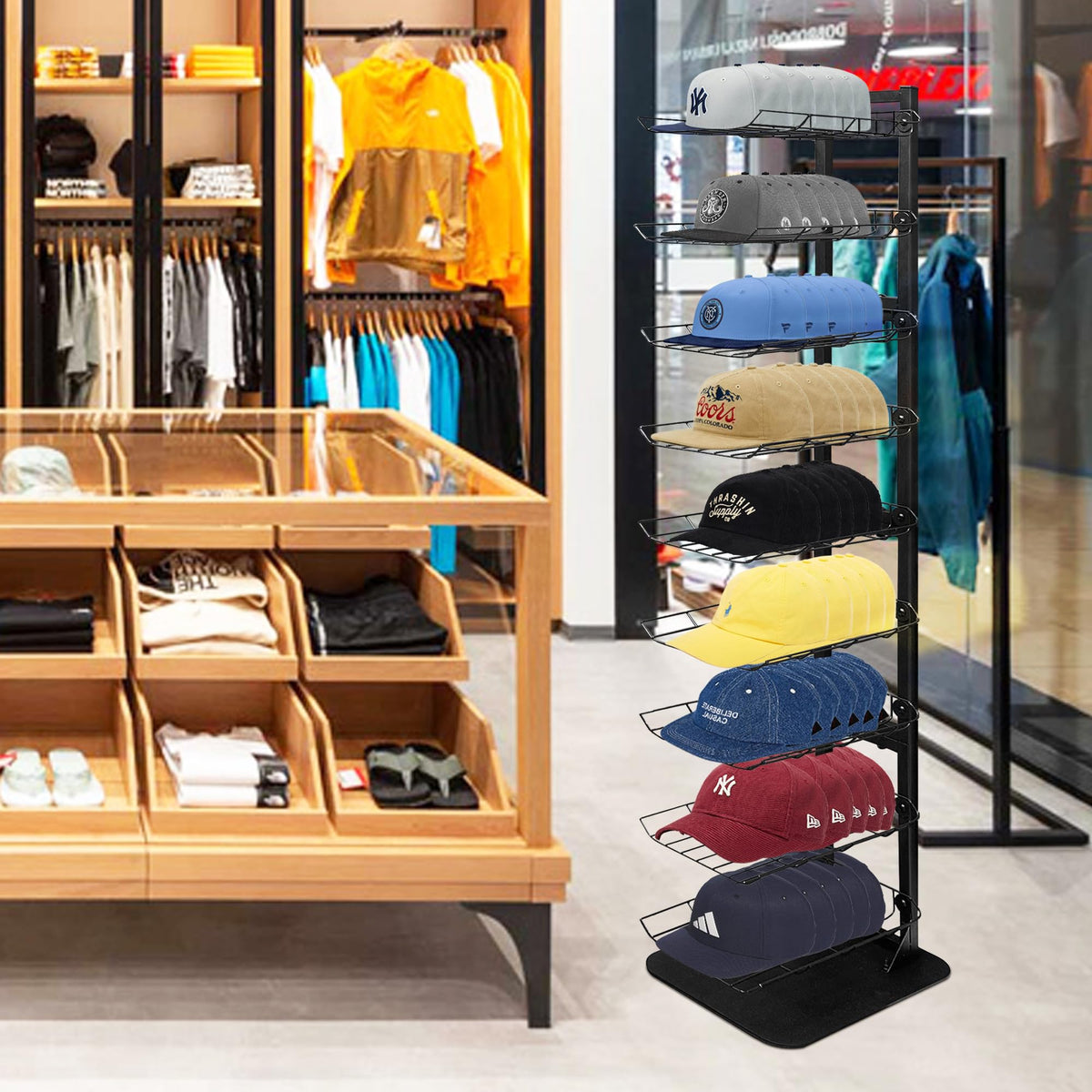 Koretech cap rack with 70-hat capacity for efficient retail display