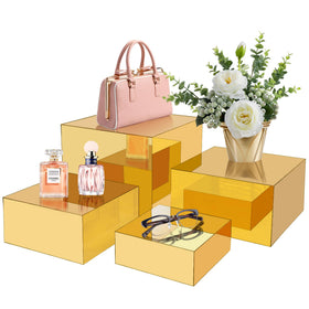 Koretech gold acrylic mirrored risers 5-inch elevate jewelry displays with reflective finish.