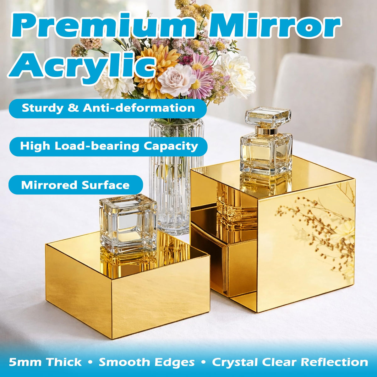 Koretech gold acrylic mirrored risers 8-inch create multi-tier centerpiece displays.