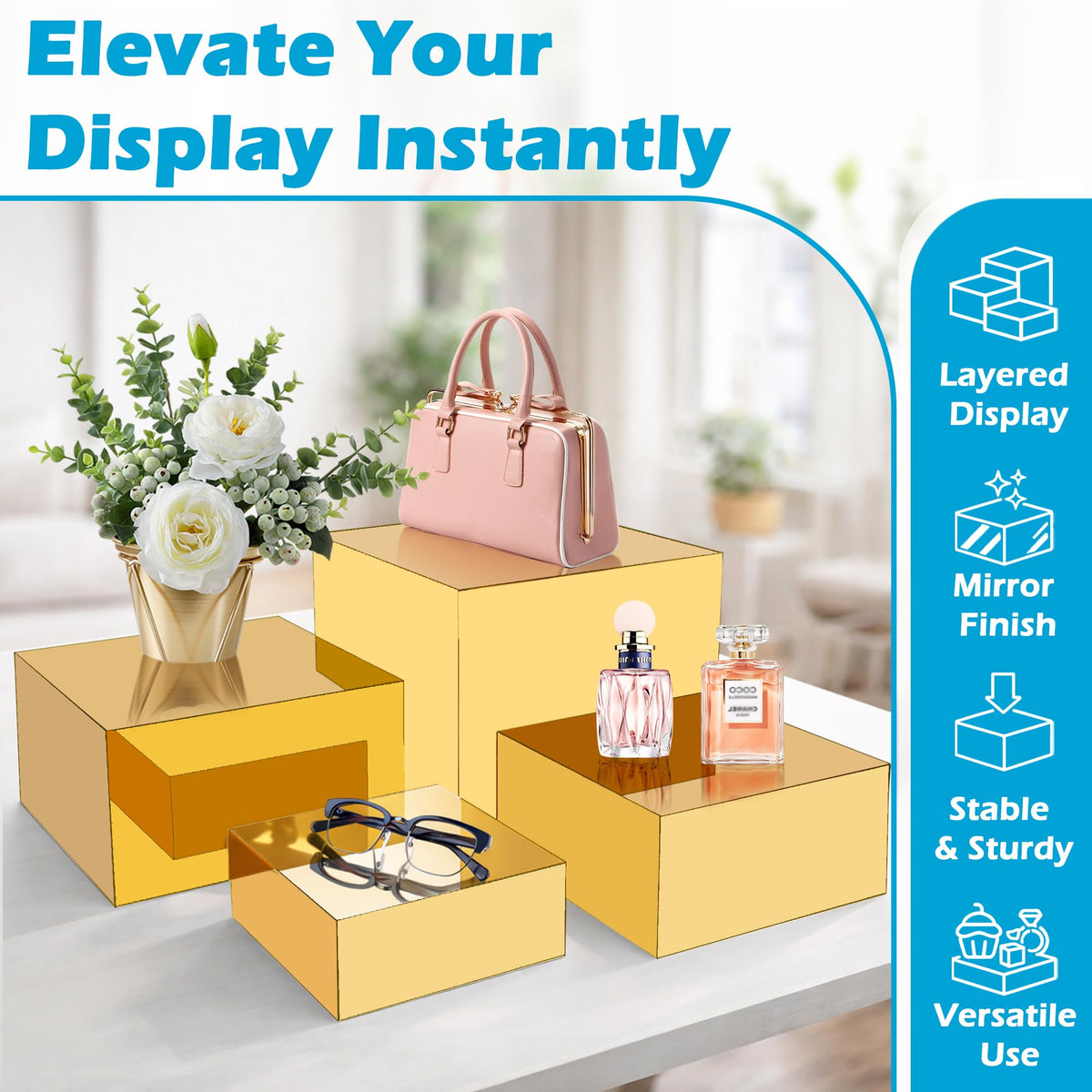 Koretech gold acrylic mirrored risers lifestyle setup for boutique displays and home decor.