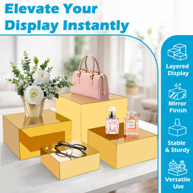 Koretech gold acrylic mirrored risers lifestyle setup for boutique displays and home decor.