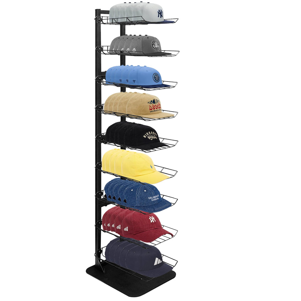 Koretech hat display 9-tier in black, organized store shelf solution