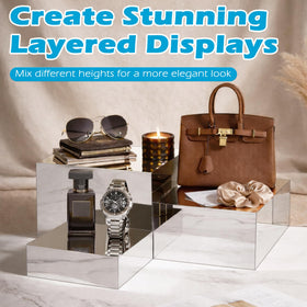 koretech mirrored-surface risers demonstrate premium presentation for jewelry and desserts.