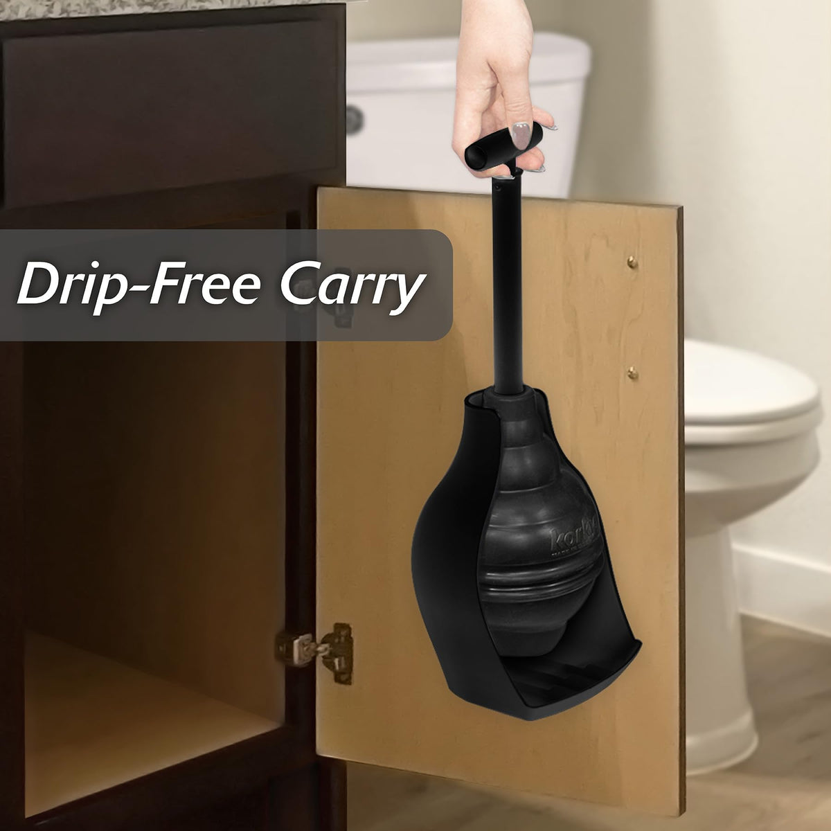 Korky BeehiveMAX non-marking rubber plunger protecting bathroom surfaces.