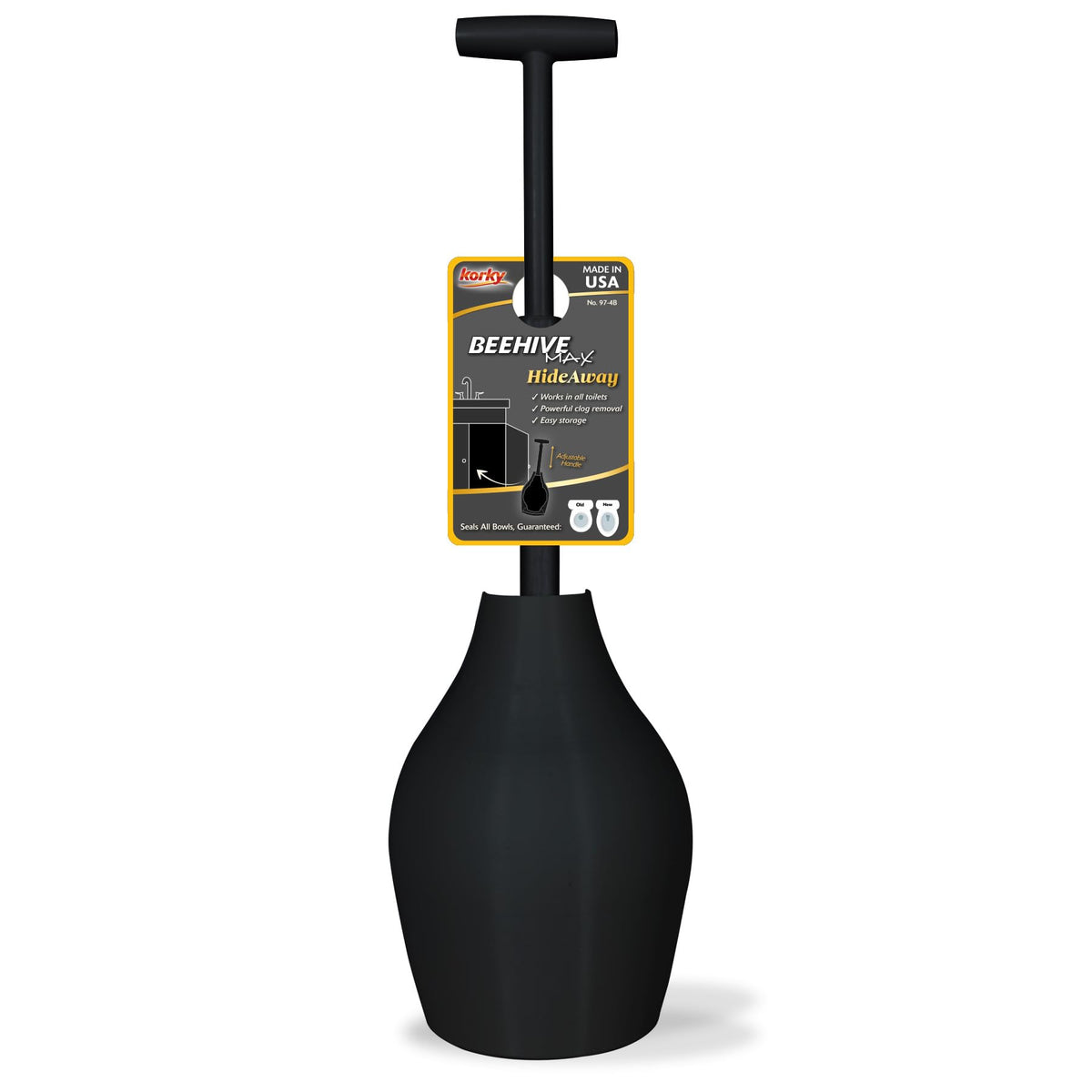 Korky BeehiveMAX Hideaway toilet plunger in black with universal fit for all bowls.