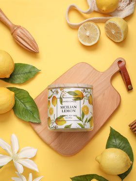 KORMMCO lemon candle with 3-wick burn for extended fragrance release.