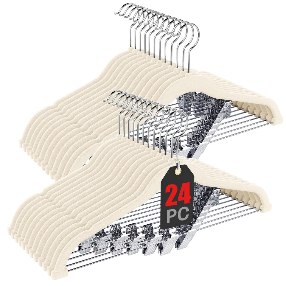 Korpai 24-pack beige velvet hangers with clips for organized closet spaces