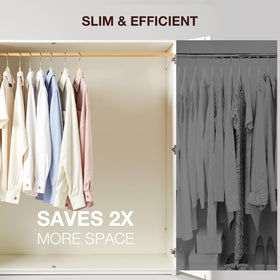 Korpai curved-shoulder velvet hangers preserve garment shape and reduce shoulder dimples.