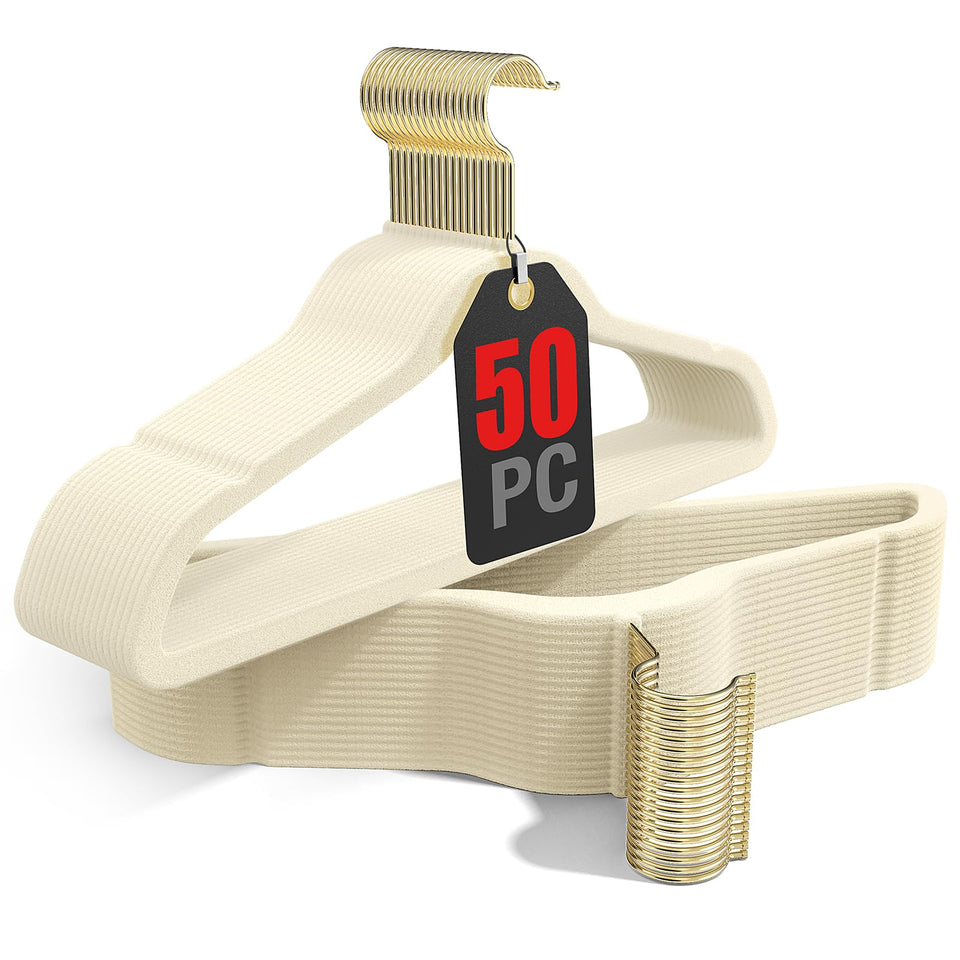 Korpai beige velvet hangers with a gold 360° hook for easy closet organization.