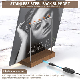 KORRTFID Walnut base with stainless steel rod supporting vinyl display