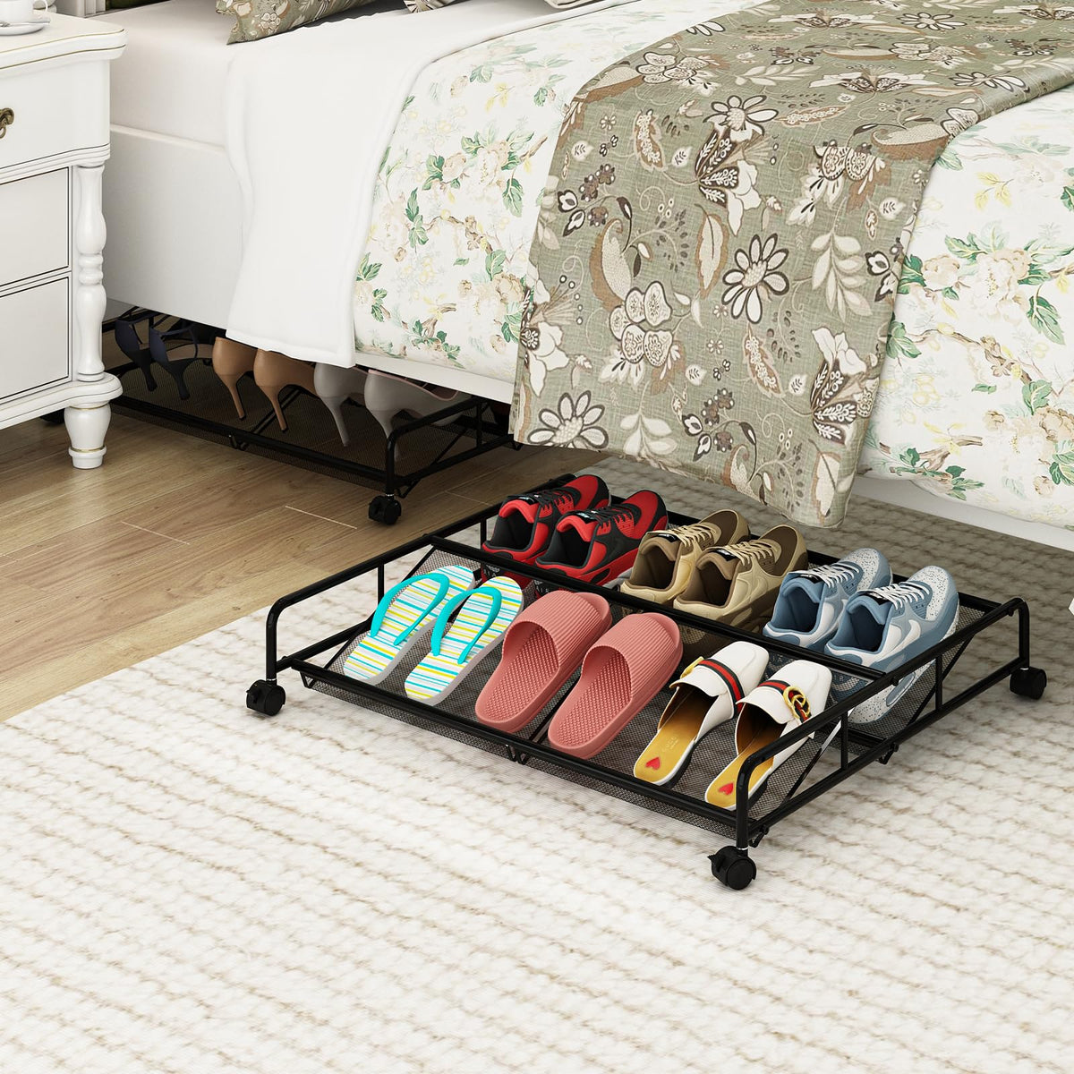 KOSIWU under-bed storage on rolling wheels, easy pull-out for quick access.