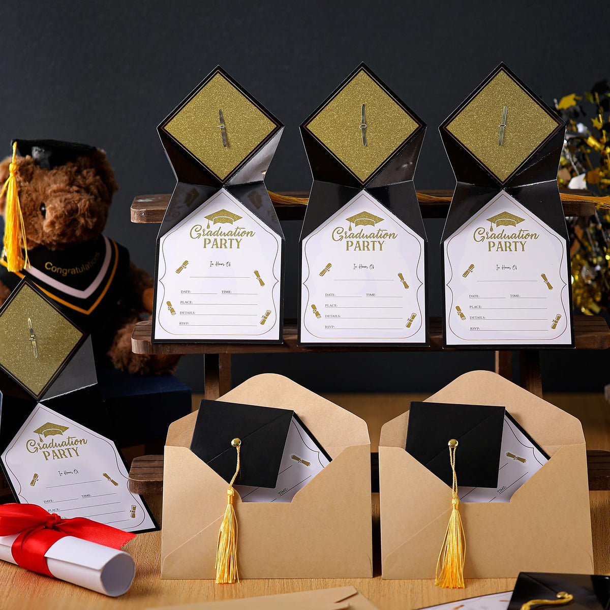 Kosiz black-gold graduation invite design with elegant styling