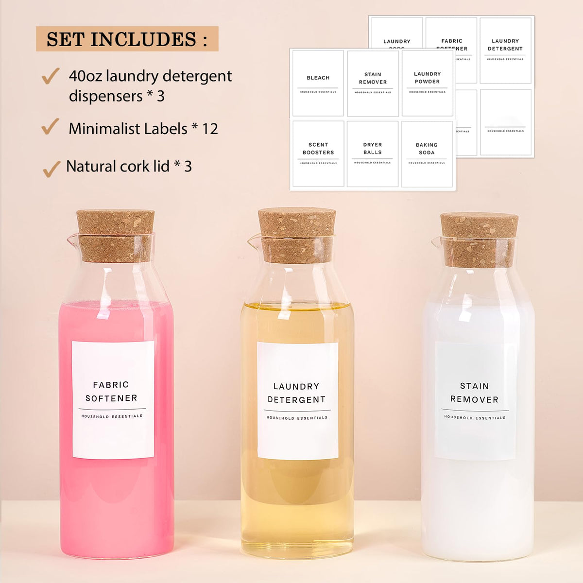 KOSKIMER 40oz borosilicate glass bottles offer sturdy, long-lasting laundry storage.