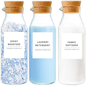 KOSKIMER glass laundry dispenser set with cork lids, keeps detergents fresh and organized.