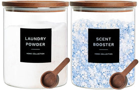 KOSKIMER glass laundry jar with acacia lid provides airtight storage for detergent.