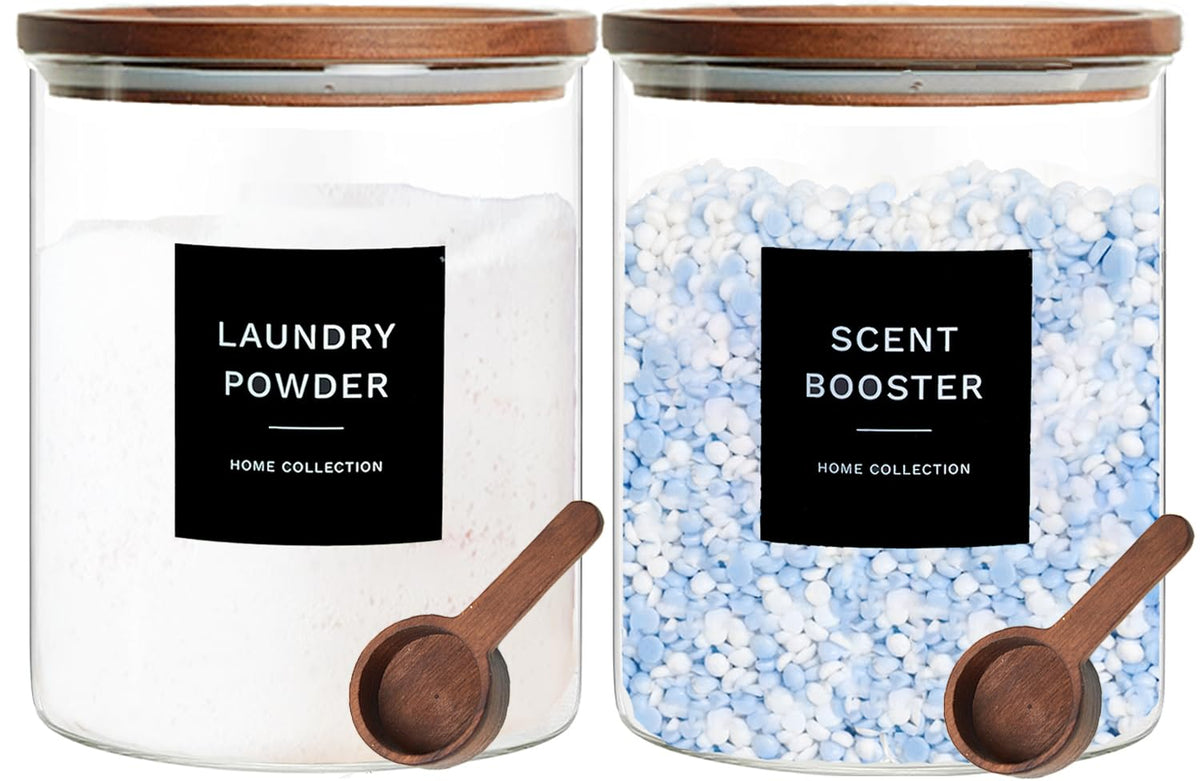 KOSKIMER glass laundry jar with acacia lid provides airtight storage for detergent.