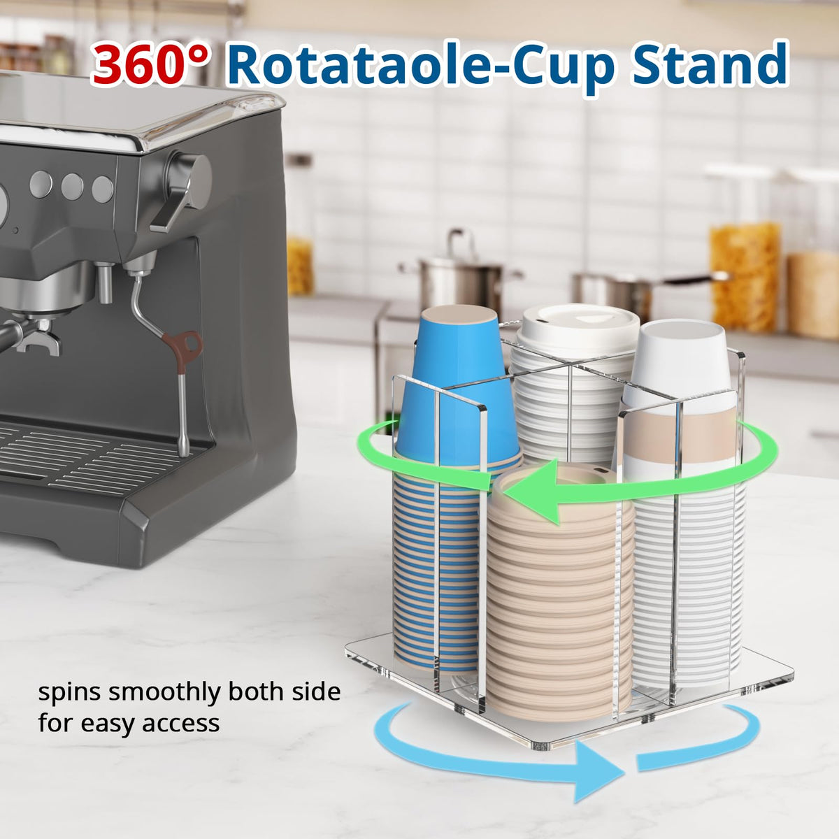 Kotemon clear acrylic cup holder showcasing a rotating design for organized service.