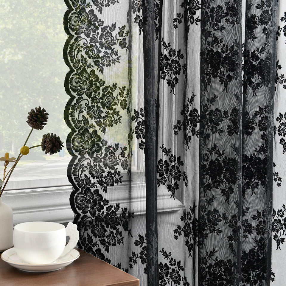 Kotile black lace curtains pair, 72 inches long, front view and soft light diffusion.