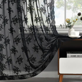 Kotile black lace curtains 84-inch pair on rod softly diffuse daylight