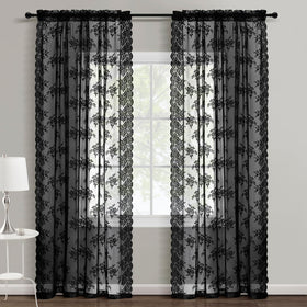 Kotile black lace curtains floral lace detail close-up on fabric