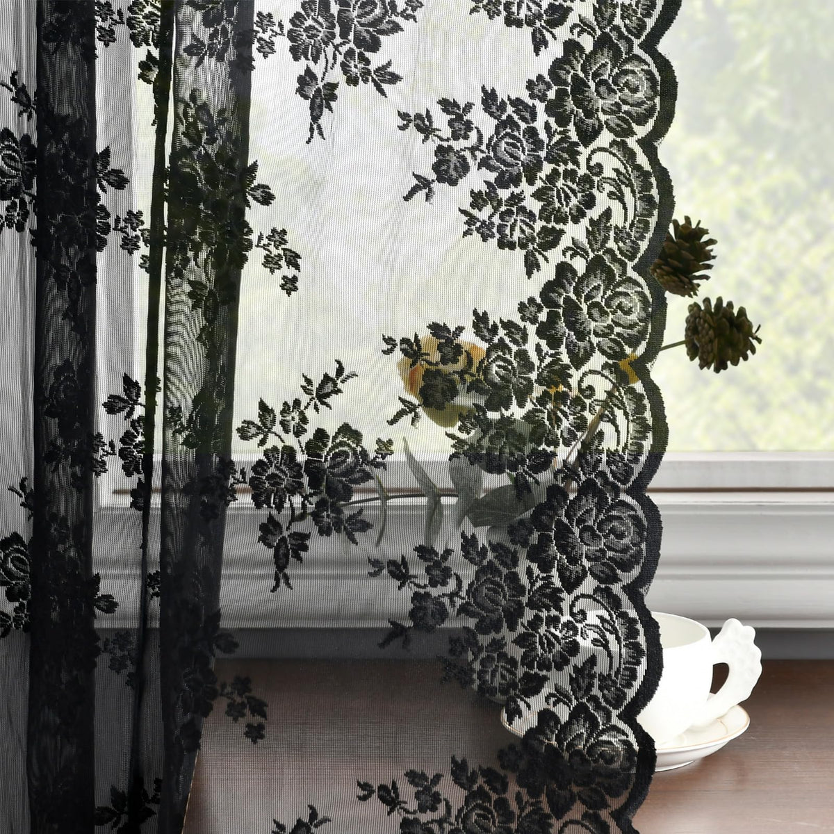 Kotile black lace curtains at night create a cozy private space