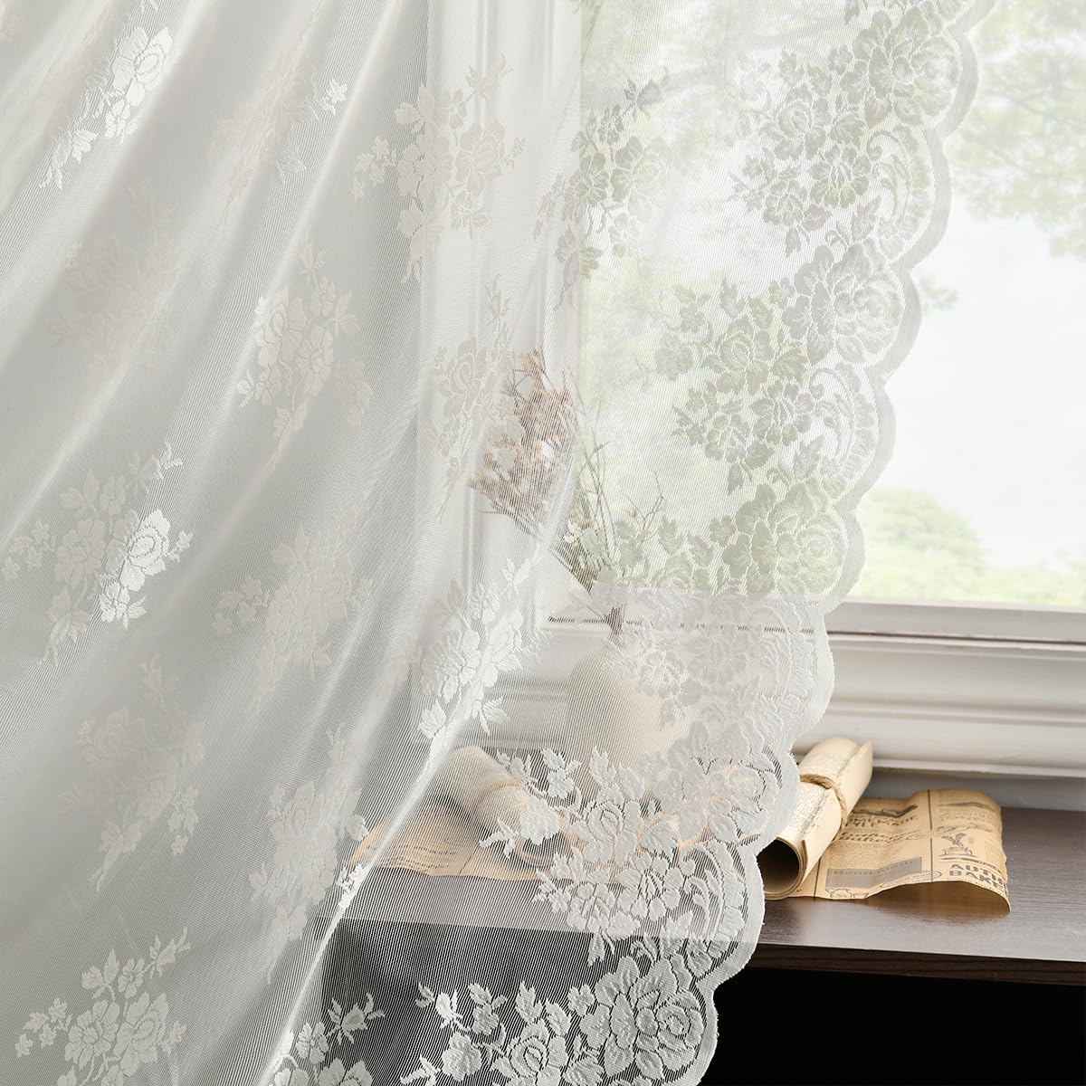 Kotile ivory lace curtains panel closeup showing floral embroidery and soft-light diffusion for living spaces