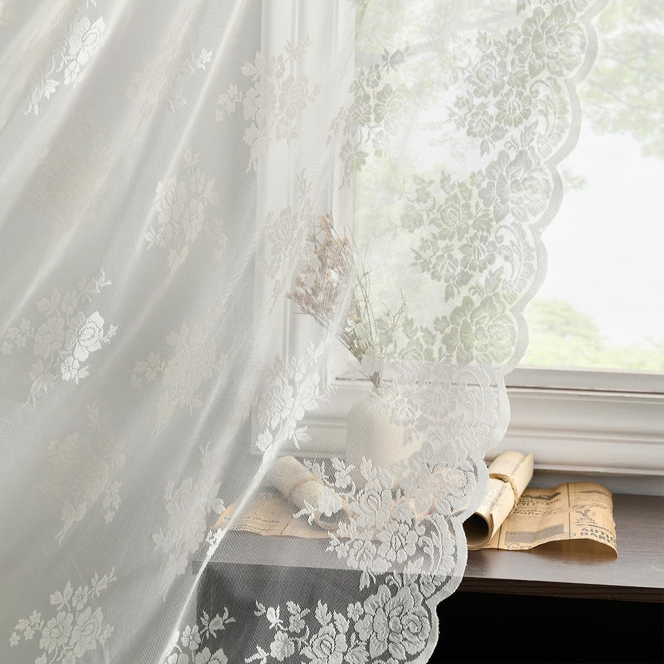 Kotile ivory lace curtains panel closeup showing floral embroidery and soft-light diffusion for living spaces