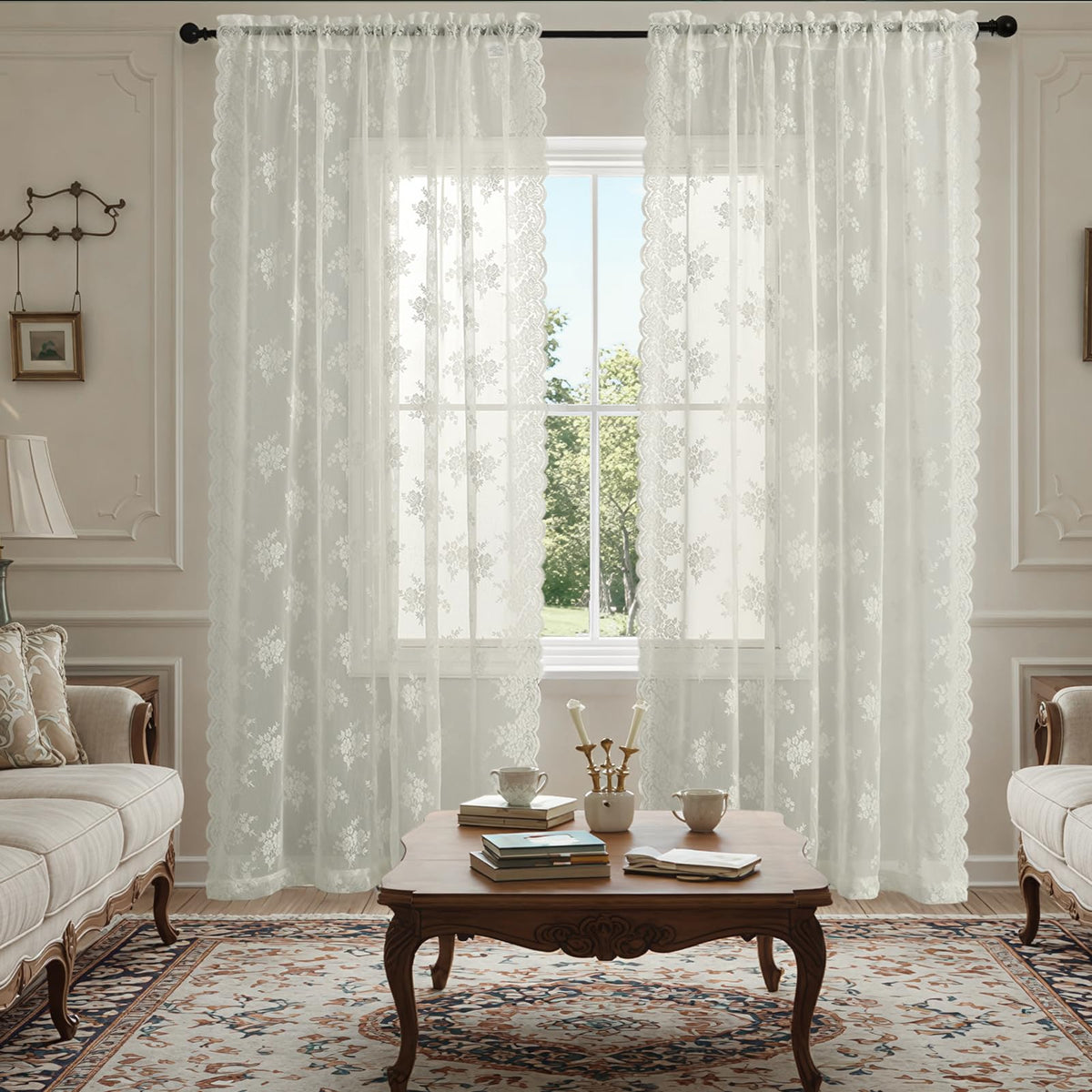 Kotile ivory lace curtains 52x84 panel presented as airy sheer window option