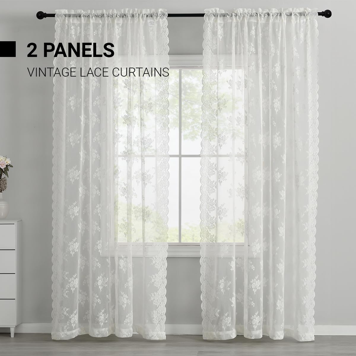 Kotile ivory lace curtains billowing softly in a breeze