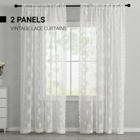 Kotile ivory lace curtains billowing softly in a breeze
