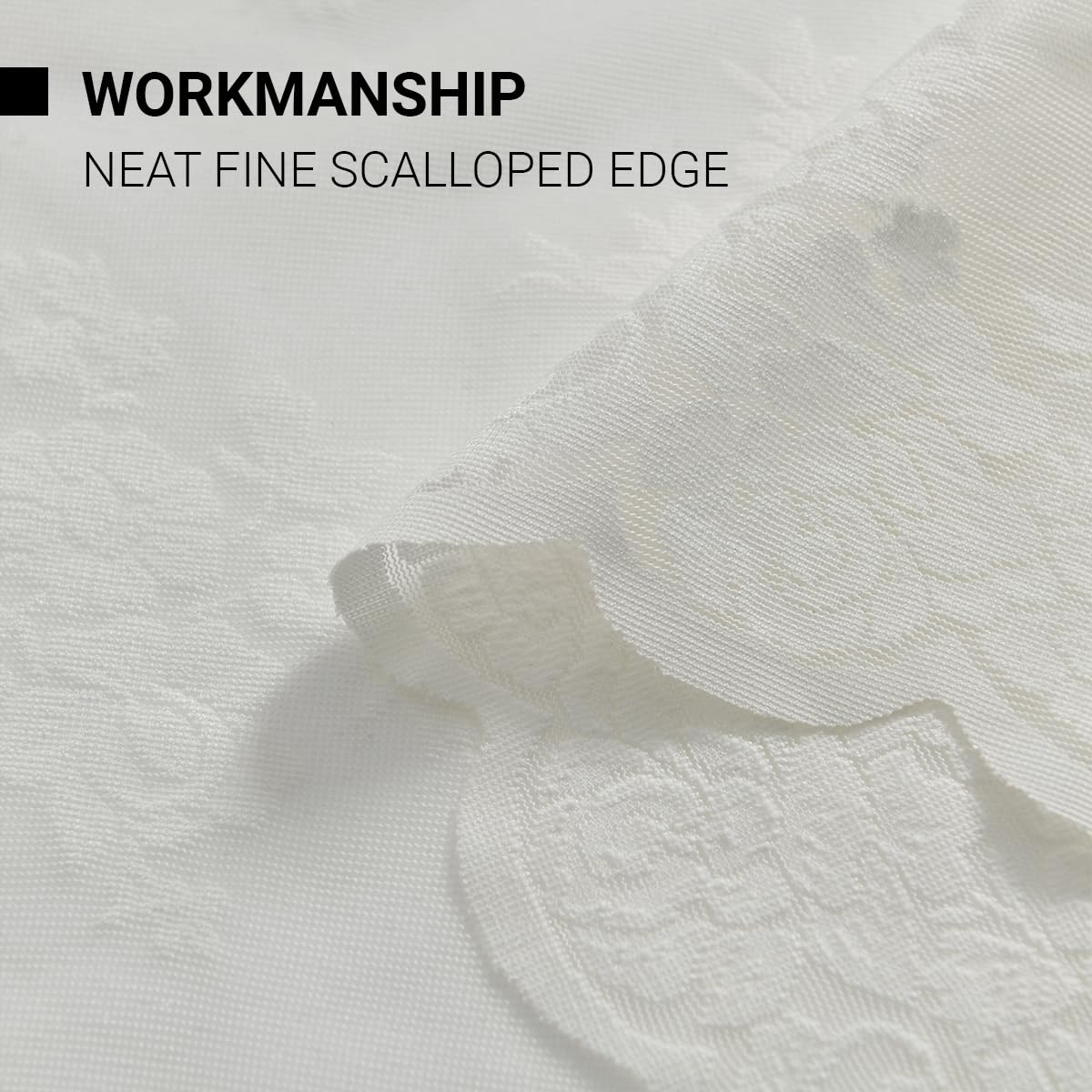 Kotile ivory lace curtains showing scalloped edge trim detail
