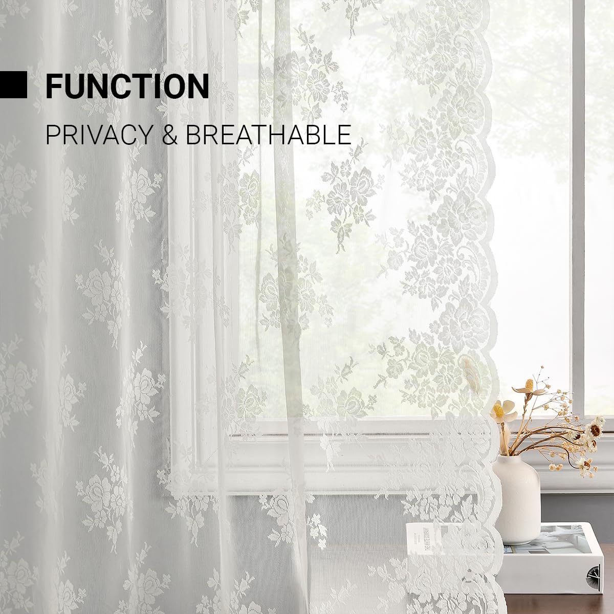 Kotile ivory lace curtains rod-pocket top design for easy hanging