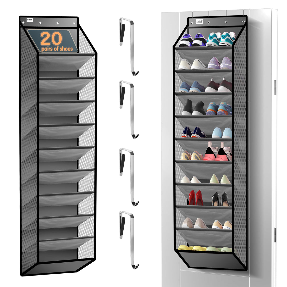 Kotkn 10-tier over-the-door organizer full-height view shows large capacity for shoes.