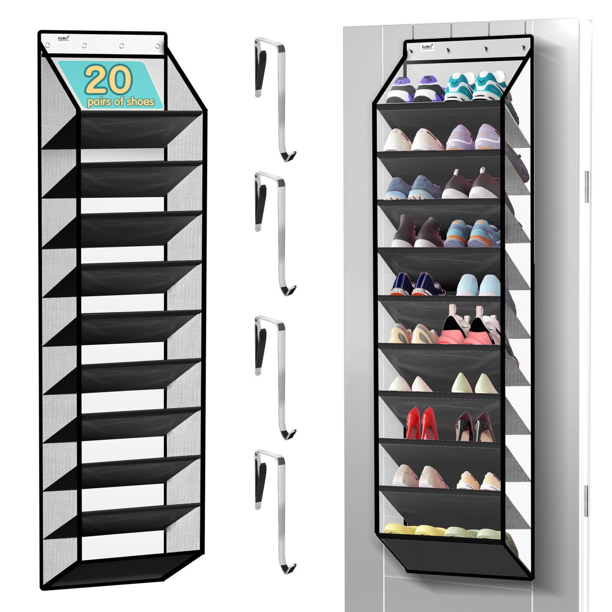 Kotkn 10-tier over-the-door shoe rack keeps shoes organized and accessible.
