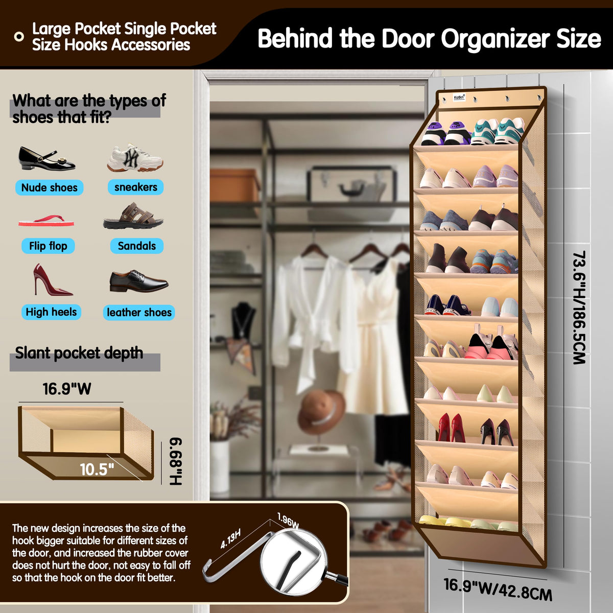 Kotkn 10-tier pockets showcase deep 10.5-inch depth for easy access.