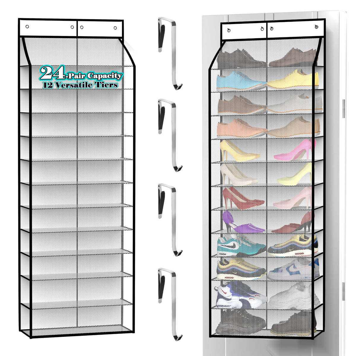Kotkn 24-pair over-door organizer in pearl white stores sneakers neatly.