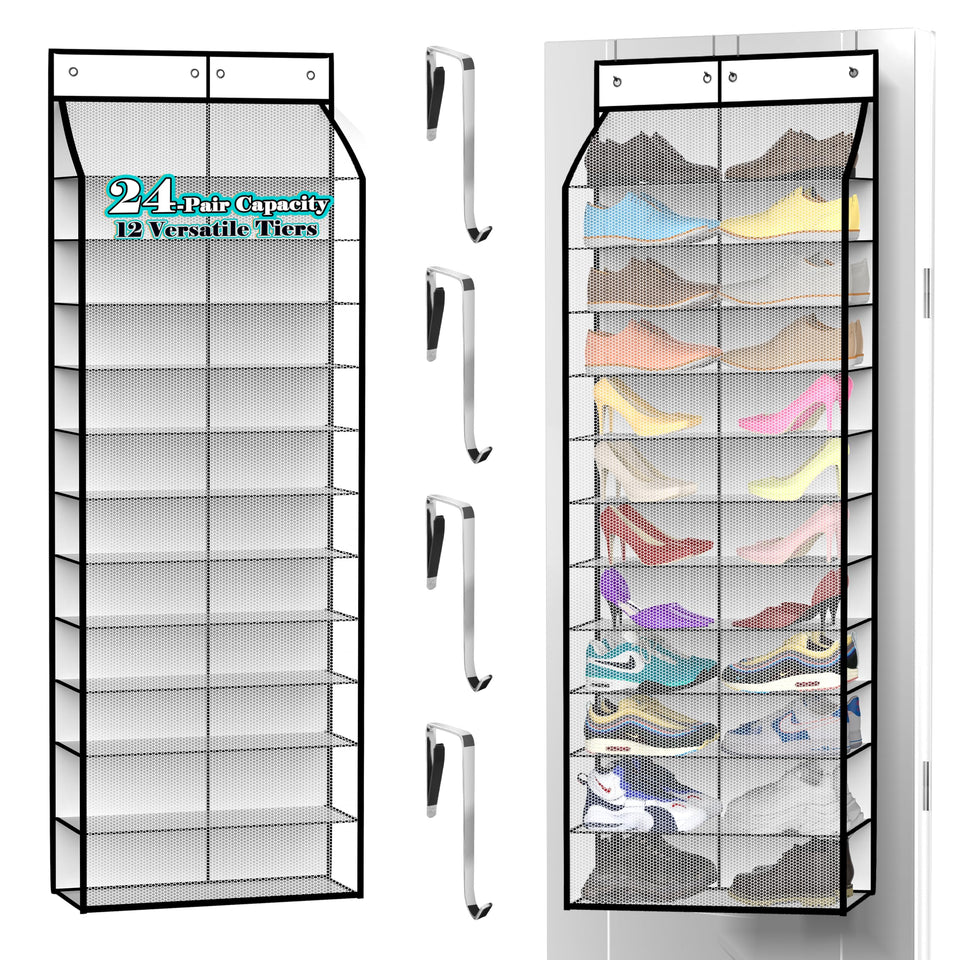 Kotkn 24-pair over-door organizer in pearl white stores sneakers neatly.
