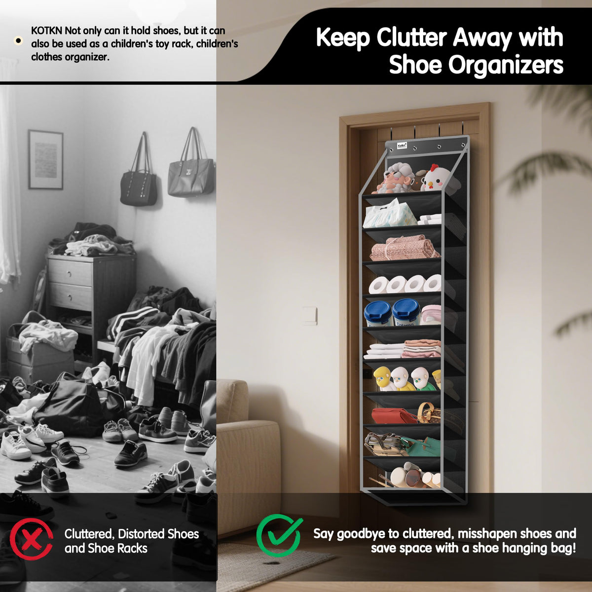 Kotkn adjustable door hooks fit standard and narrow doors.