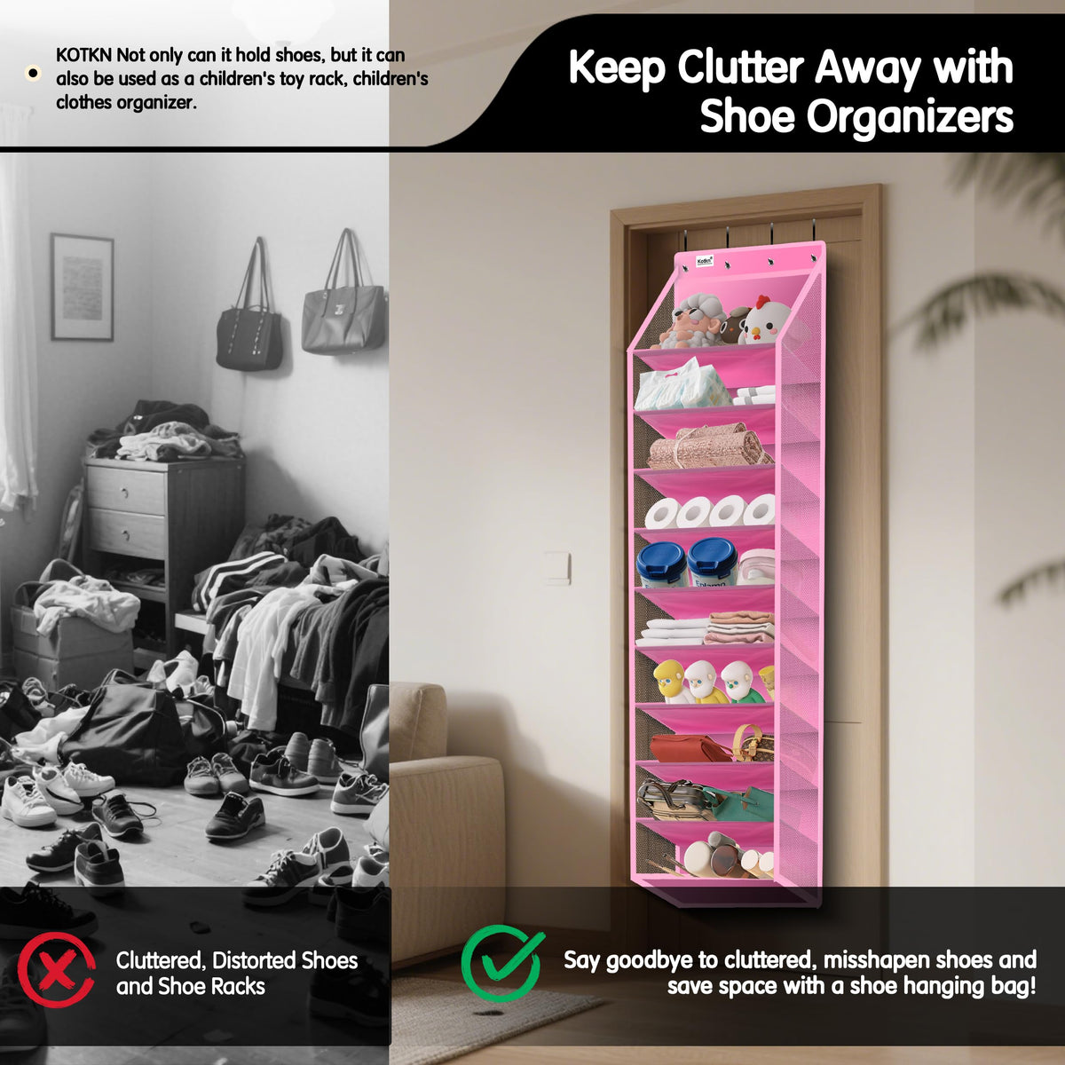 Kotkn large-capacity design holds 24-30 pairs of footwear in a compact footprint.
