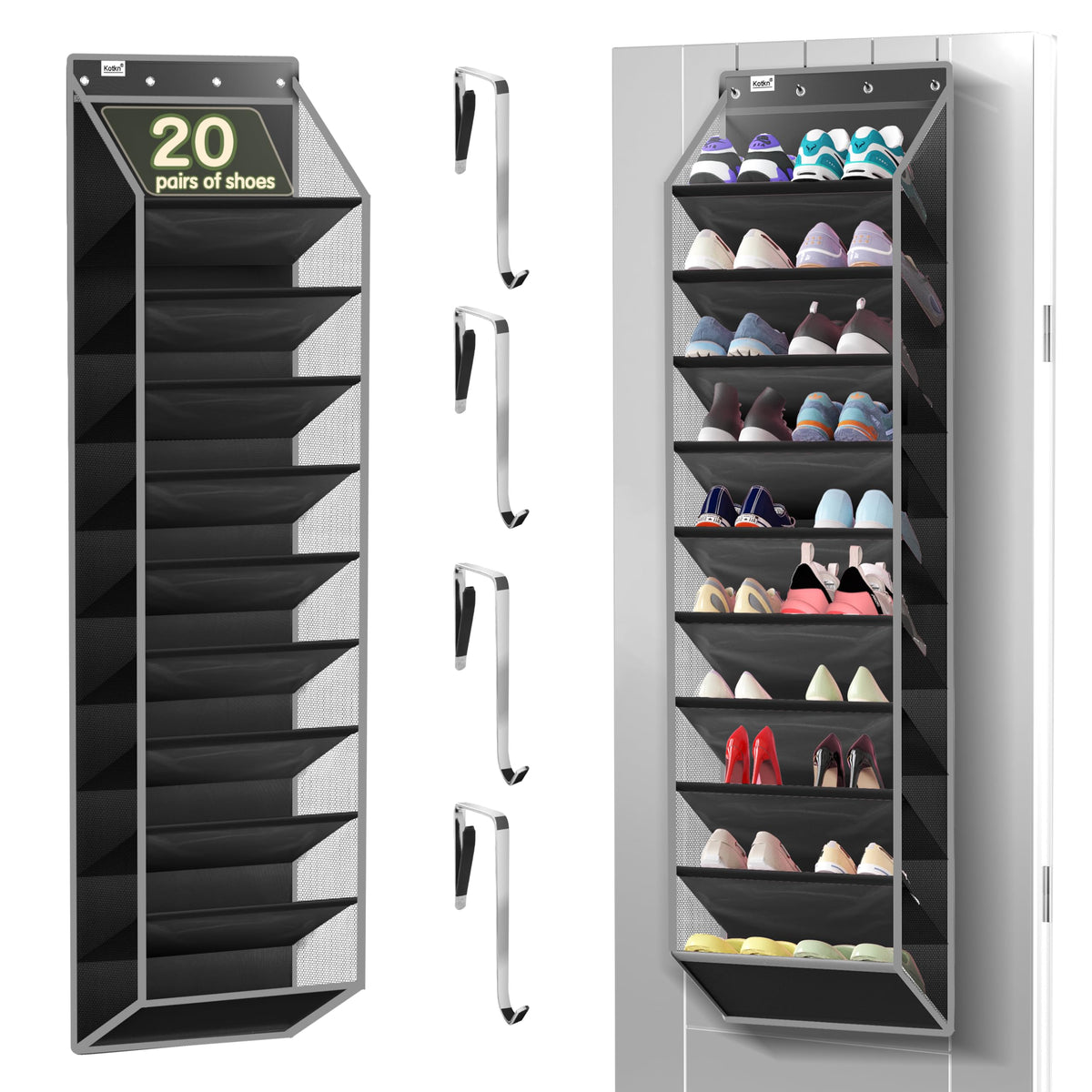 Kotkn over-the-door organizer setup showing space-saving shoe storage.