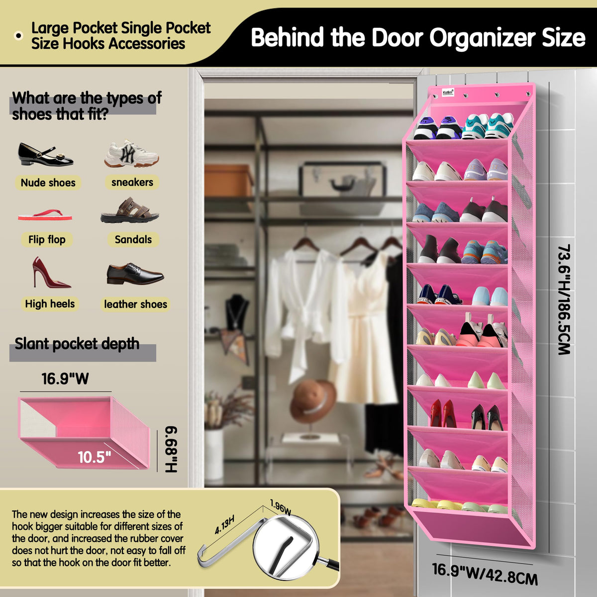 Kotkn pocket-depth detail shows 10.5-inch pockets for boots and sneakers.