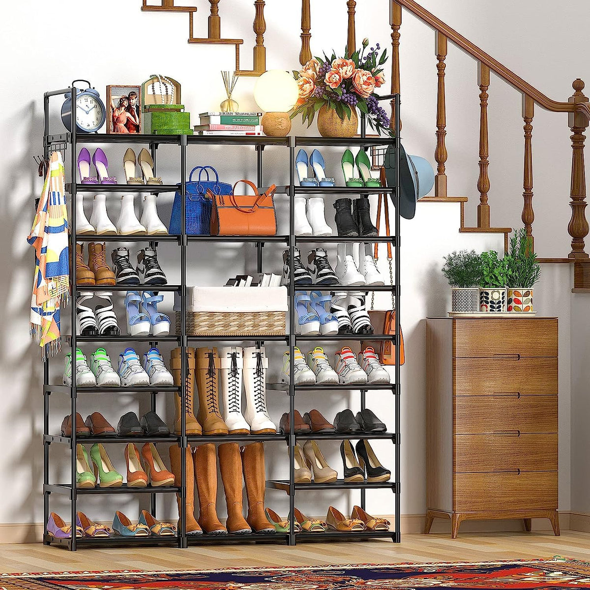 Kottwca 9-tier shoe rack assembly image detailing quick, tool-friendly setup process.