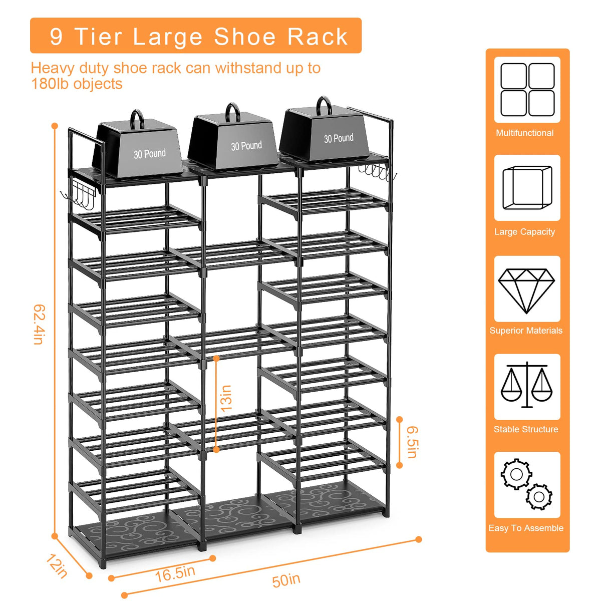 Kottwca 9-tier shoe rack front view highlighting tall, stable shelves for boot and heel storage.
