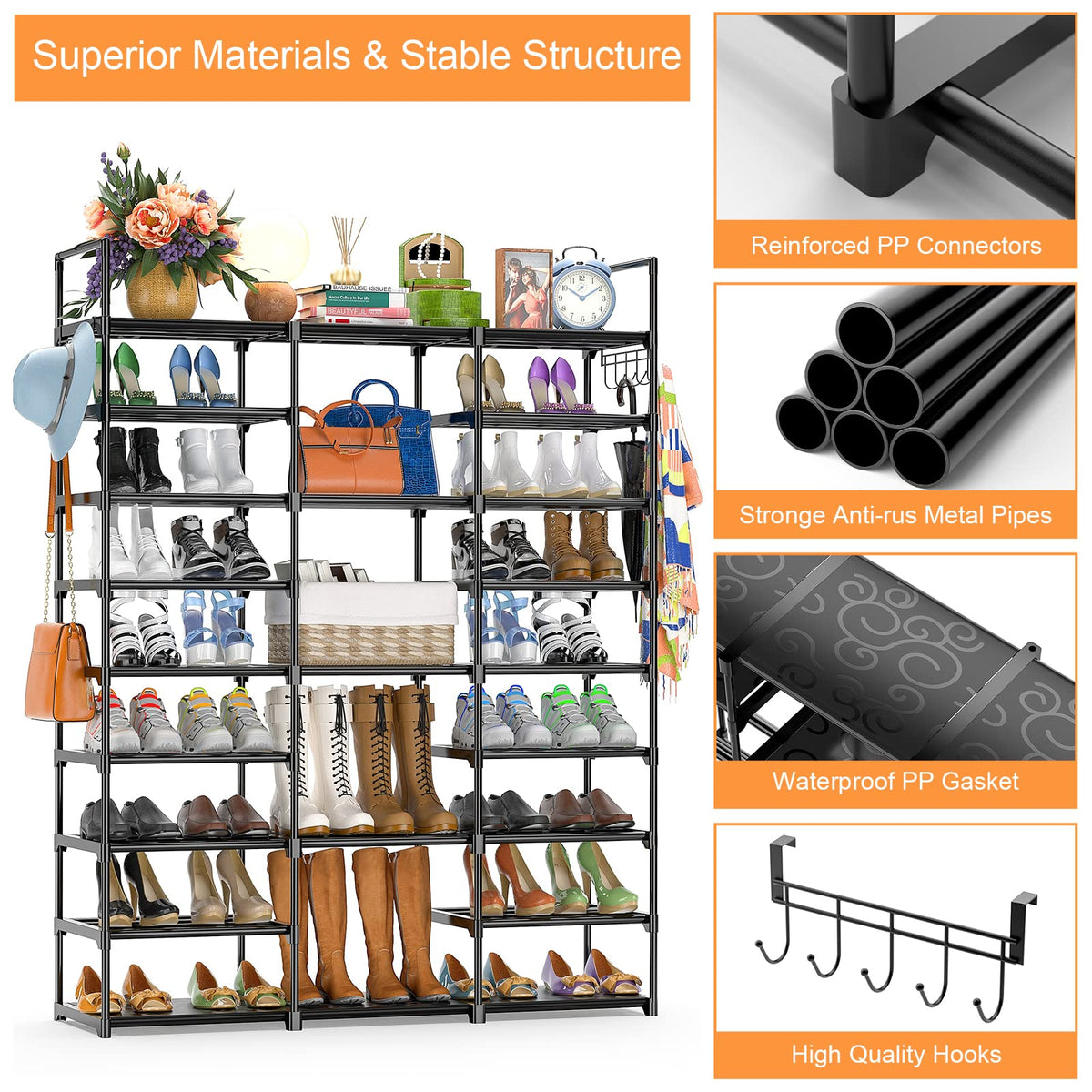 Kottwca 9-tier shoe rack max capacity image showing potential to store up to 50 pairs.