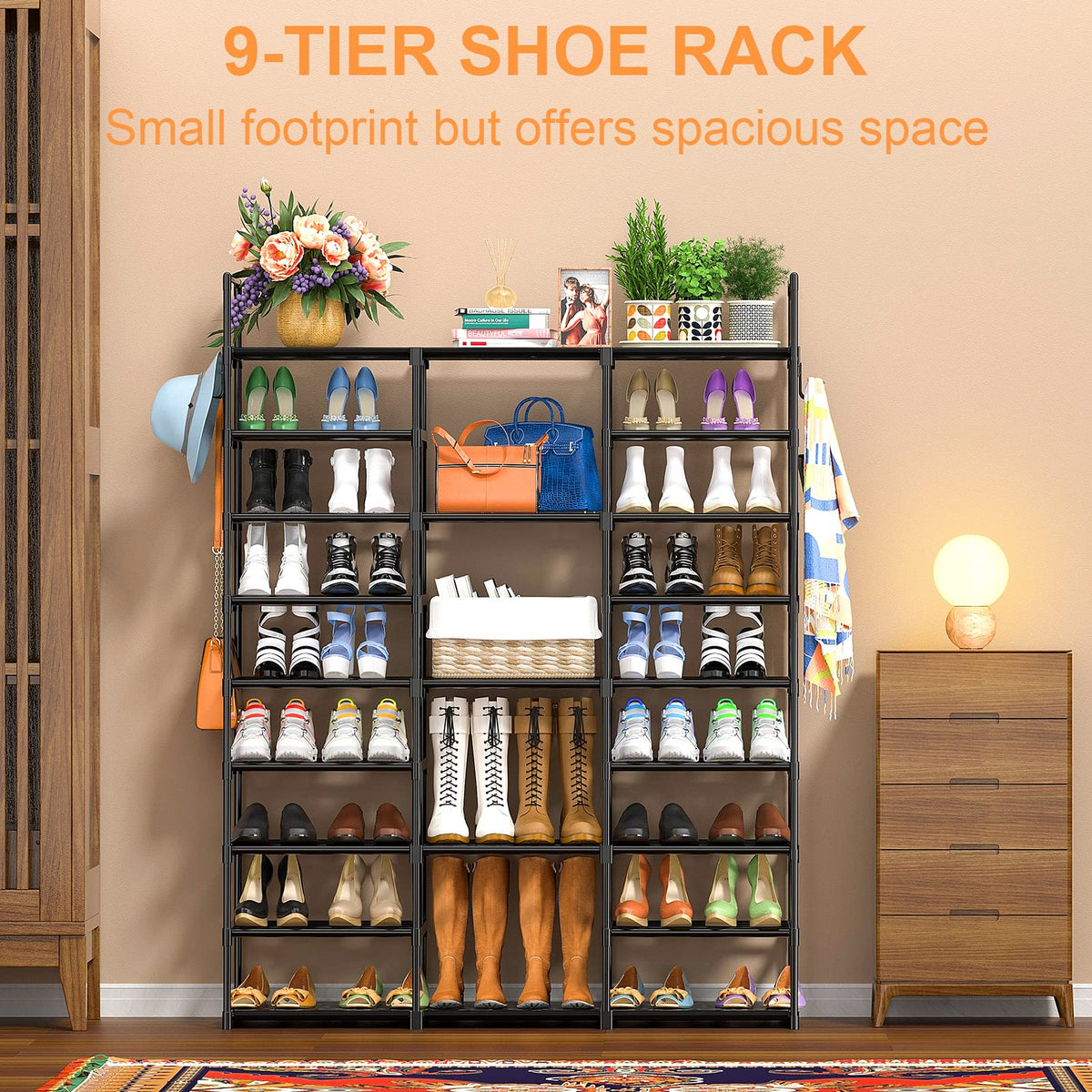 Kottwca 9-tier shoe rack sturdy pipes close-up emphasizing durable construction for long-lasting use.