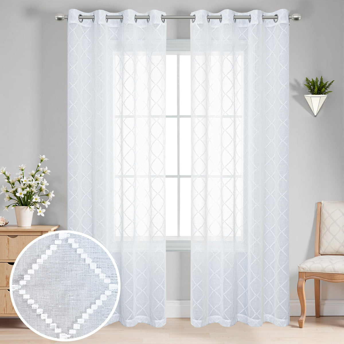 KOUFALL diamond-embroidered sheer panels provide elegant privacy while filtering daylight