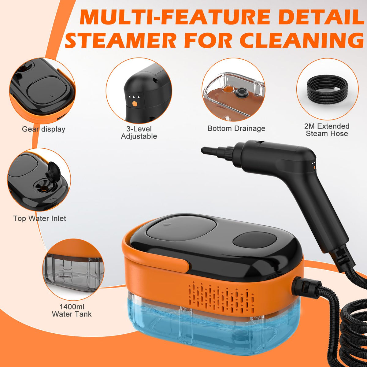 Koutop steam cleaner features a 3 level handle for comfortable control