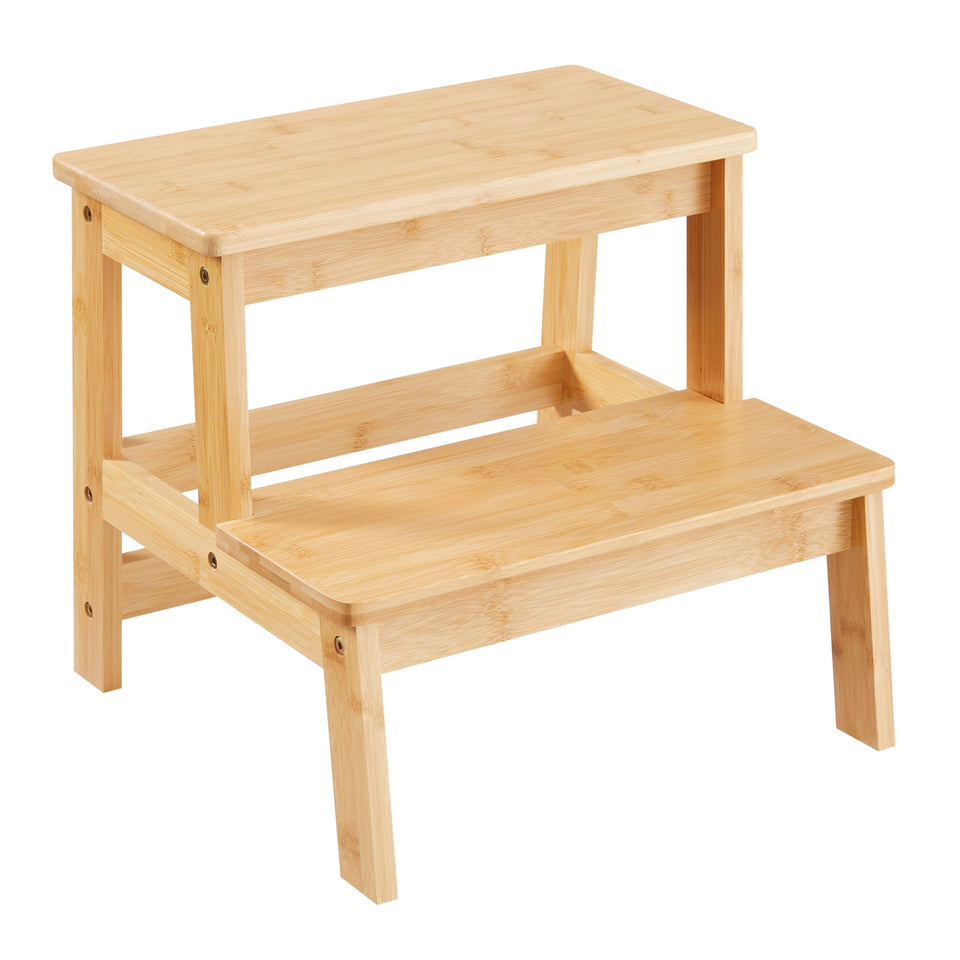 Kovhzcu Bamboo Step Stool with two-step design for safe kitchen and bathroom access.