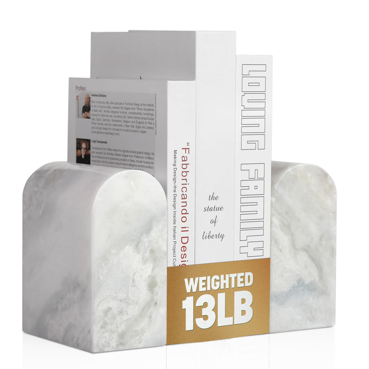 Koville Namib Fantasy marble bookends stabilize a heavy shelf of books.