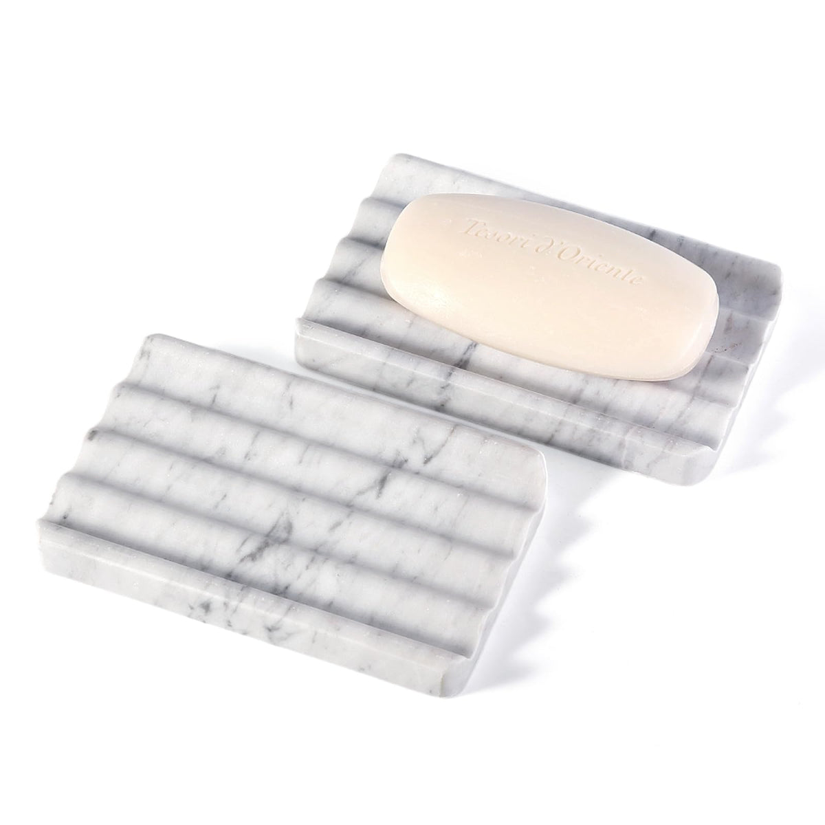 Koville marble soap dish Bianco Carrara with stripe grooves keeps soap dry in the shower